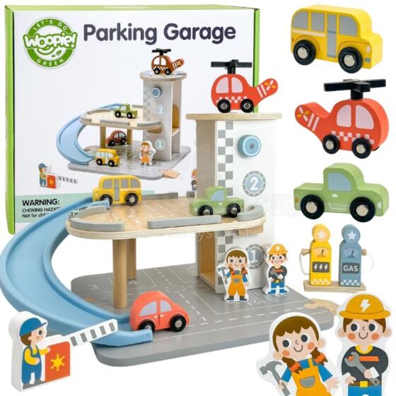 WOOPIE GREEN Wooden Multi-Level Parking 2-in-1 Gas Station with Cars and Figures 12 pcs. FSC
