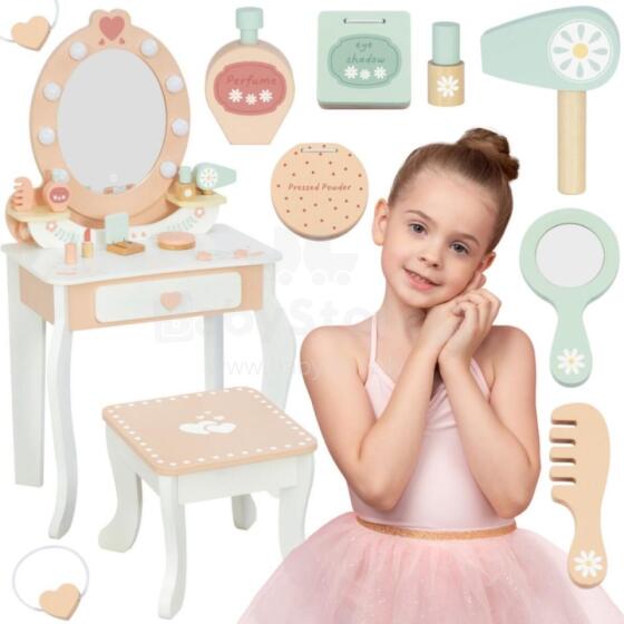 TOOKY TOY Wooden Vanity with Chair Accessories LED Mirror + Cosmetics