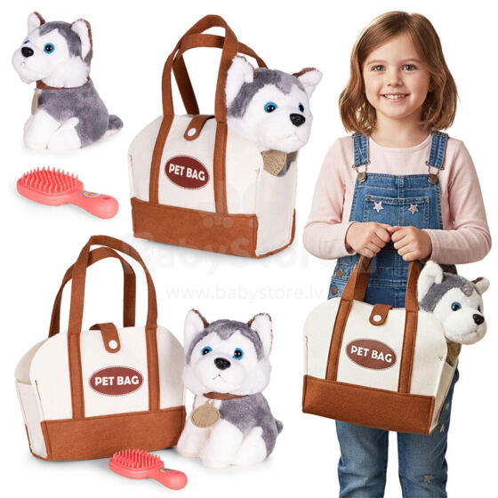 Mīkstā kucēna rotaļlieta somā Husky bērniem + kopšanas suka