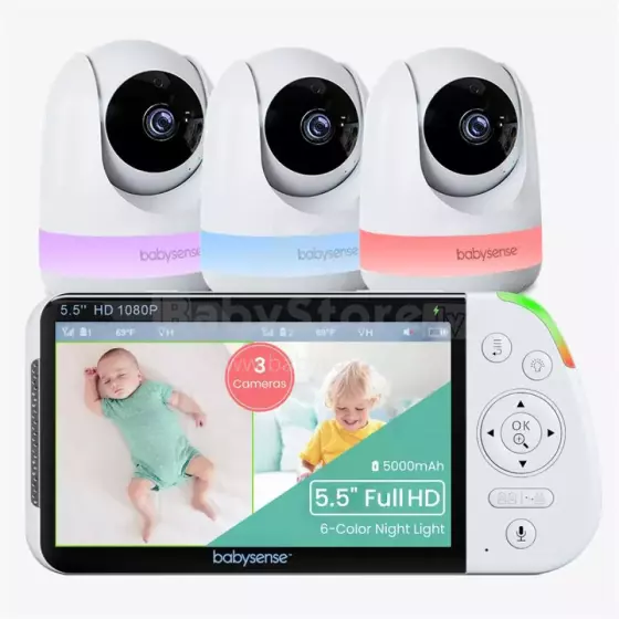 Babysense Video Baby Monitor Max View Pro Art.268712 Video Baby Monitor with 3 Cameras, Non Wifi, Split Screen, Night Light & Sound Machine