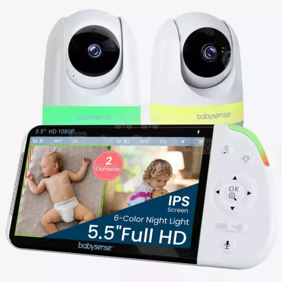Babysense Video Baby Monitor Max View Pro Art.268721 Video Baby Monitor with 2 Cameras, Non Wifi, Split Screen, Night Light & Sound Machine