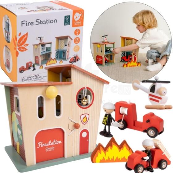 CLASSIC WORLD Fire Station Wooden Garage Car Helicopter Figures 13pcs.