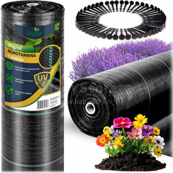 Garden agro fabric 1.6 m x 50 m 90 g/m2 + 50 stakes Plonos - black