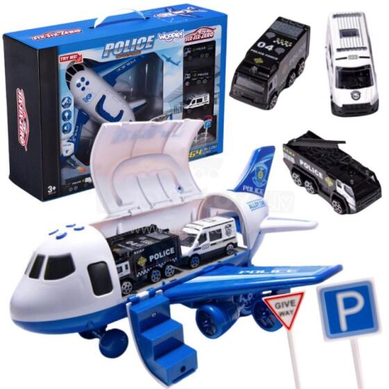 WOOPIE Foldable Airplane Police Transporter with 3 Police Cars XL Set Traffic Signs