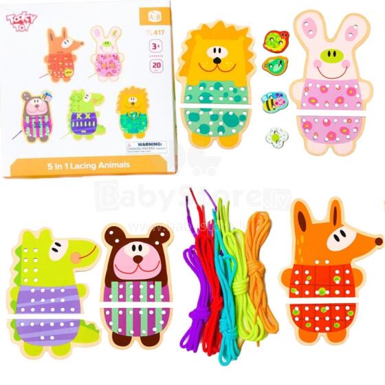TOOKY TOY Wooden Dexterity Game Animal Lacing 5in1