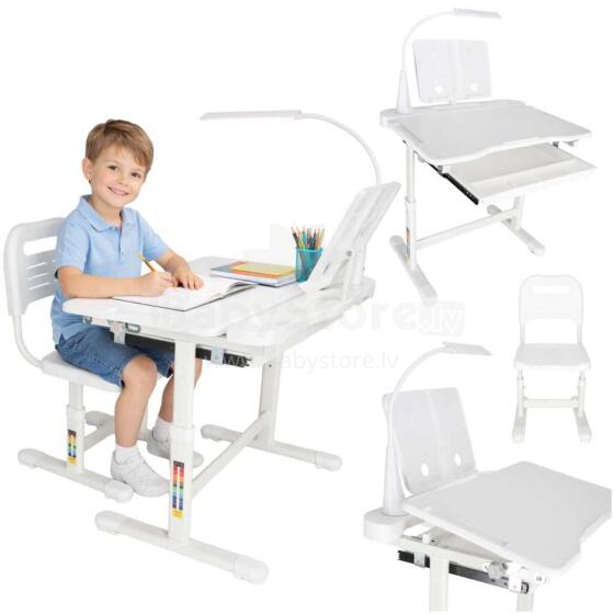 Ikonka Art.KX2974_2 Bērnu skolas rakstāmgalds regulējams krēsls LED gaisma USB balts