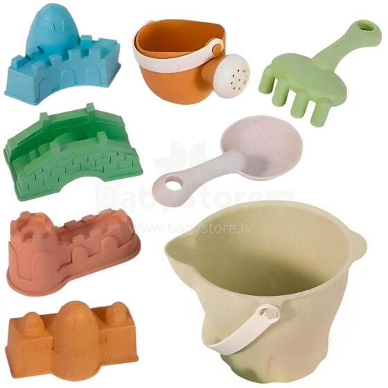 WOOPIE GREEN Sand Set in a Bucket Castles 8 pcs. BIODEGRADABLE ORGANIC MATERIAL
