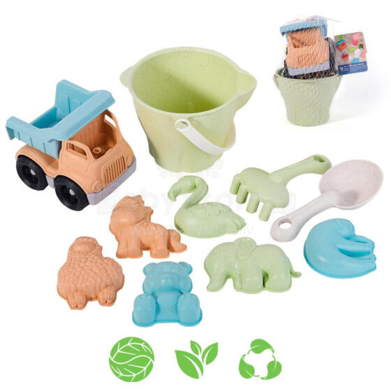 WOOPIE GREEN Sand Set in a Bucket with Car 11 pcs. BIODEGRADABLE ORGANIC MATERIAL