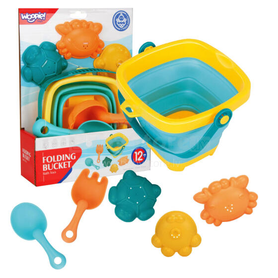 WOOPIE BABY Foldable Bucket Set with Rake, Shovel, and Molds Blue