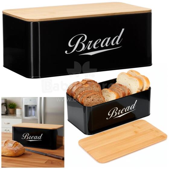 Metal bread bin 33x18x14 cm, closed bread container, bamboo board, black