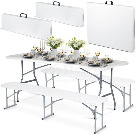 Garden catering set folding table + 2 benches 180 cm Plonos white