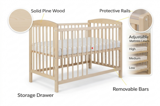 La Bebe™ Kids Wood Cot Sosna Art.279424 Natural Bērnu kokā gultiņa 120x60cm