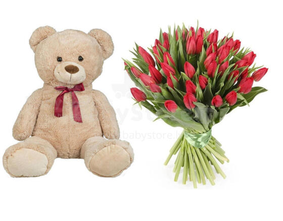 Fresh La Petit Fluer Art. LPT-TR51 Fresh Red Tulips Bouquet – 21 pcs (delivery next day to Pērnavas 5) with Bear 100cm