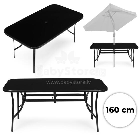 Dārza galds 160x90 cm ar rūdītu stiklu, ar caurumu lietussargam, melns MultiGarden