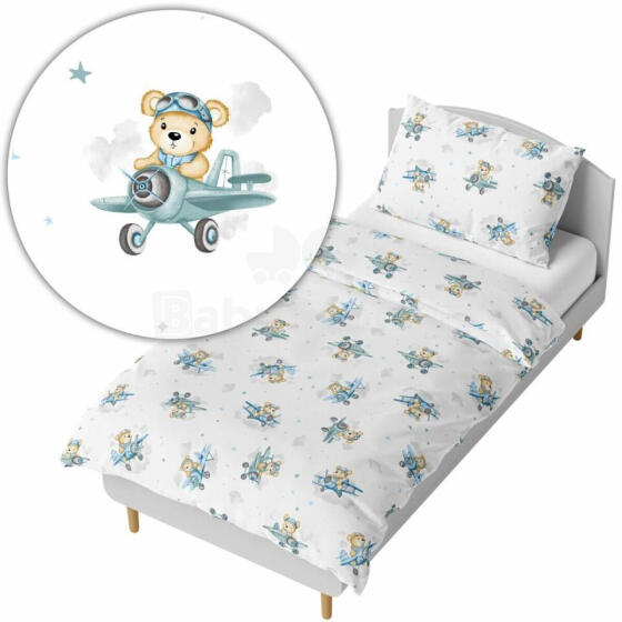 Bedding set - 6  parts - 120/90/360 - BEAR in PLANE - BLUE