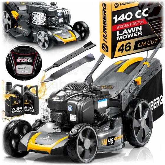 Benzīna zāles pļāvējs ar piedziņu 46 cm mulčēšanai 70 l 140cc + eļļa Humberg HM-604