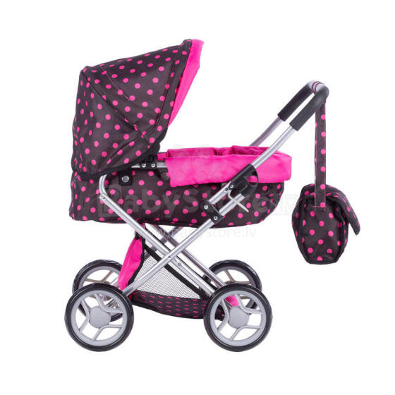 Pram for Doll  - 9369 - ALICE -   BLACK and PINK DOTS