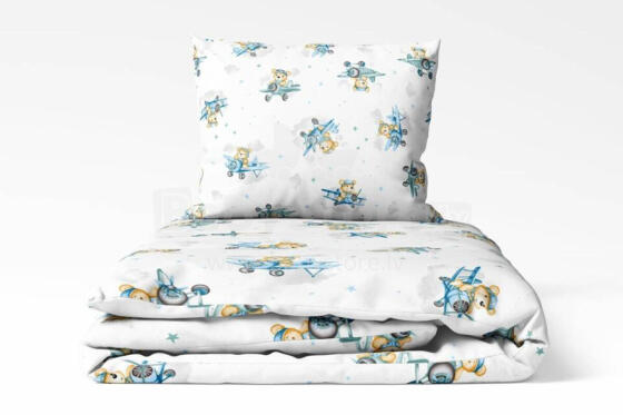 Bedding set - 5  parts - 120/90/360 - BEAR in PLANE - BLUE