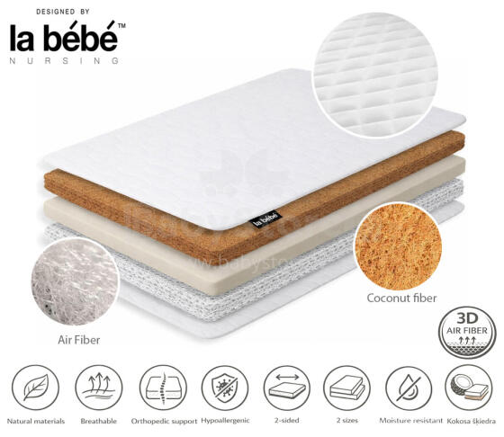La Bebe™ Breathable 3D Air Fiber mattress with coconut coir layer DREAM for bed 120×80, 80×52 cm