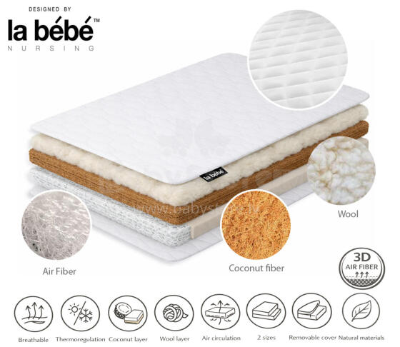 La Bebe™ Breathable 3D Air Fiber mattress with wool and coconut coir DREAM for bed 120×80, 80×52 cm