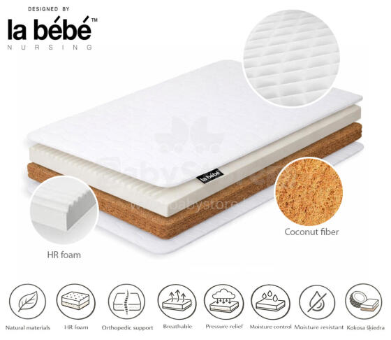 La Bebe™ Dabīgs kokosšķiedras un PPU putu matracis gultai 120×60×9 cm (6 cm kokos + 2 cm PPU putas)