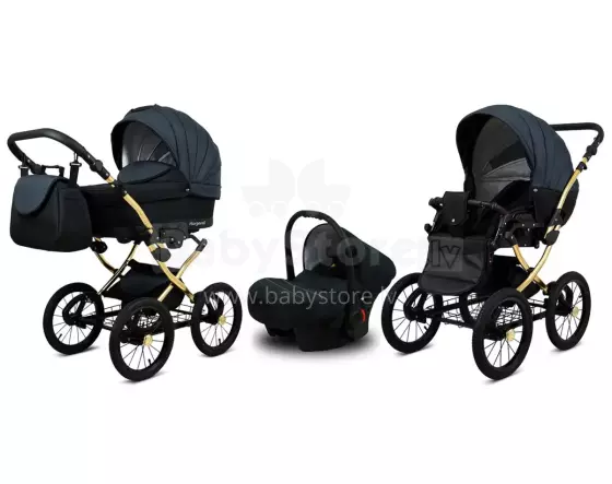 Babylux Margaret Gold Art.286152 Black Grey Bērnu klasiskie ratiņi 3 vienā