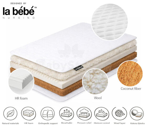 La Bebe™ mattress 120×60 cm Sleep, coconut fiber + HR foam + wool, 6 cm coconut + 2 cm HR foam