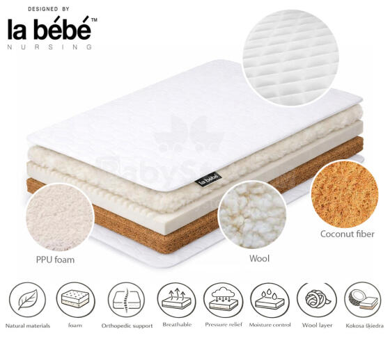 La Bebe™ matracis 120×60 cm Sleep, kokosšķiedra + PPU putas + aitas vilna, 6 cm kokos + 2 cm PPU putas
