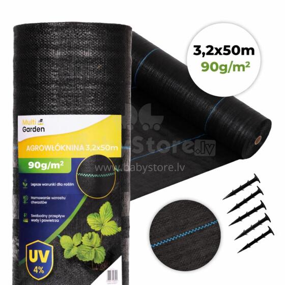 Black UV-resistant agro fabric 90 g/m² weed control mat 3.2×50 m, pins, MultiGarden