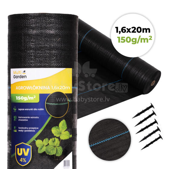 Black UV-resistant agro fabric 150 g/m² weed control mat 1.6×20 m, pins, MultiGarden