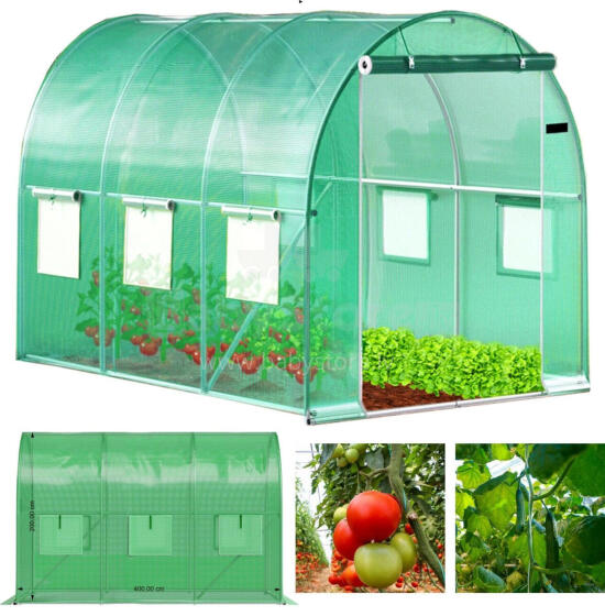 Siltumnīca tunelī dārza folijā 4x2,5x2 m 10 m² metāla rāmis folija UV