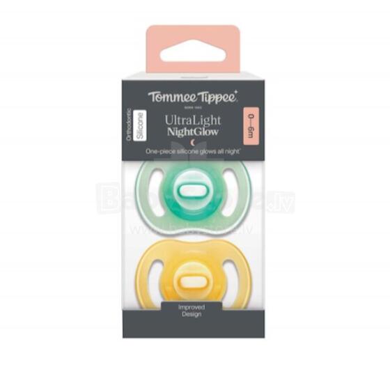 TOMMEE TIPPEE silicone soothers NIGHT GLOW ULTRALIGHT, 0-6 m., 2 pcs., 433804
