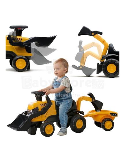 FALK Ride-On JCB Tractor with Trailer, Rake, and Shovel, Quiet Wheels for Ages 1-3