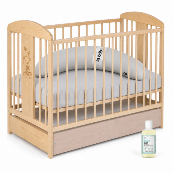 La Bebe™ Kids Wood Cot Sosna Tomi 20 Art.73991 Natural Set: Children's wooden crib with a drawer + bedding + Moon horseshoe + baby oil 120x60 cm