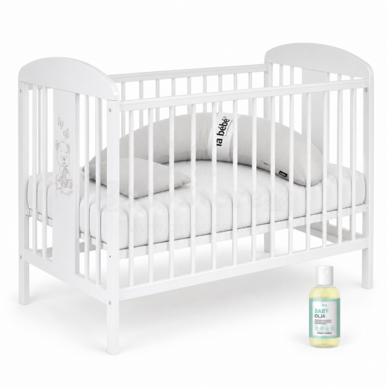 La Bebe™ Kids Wood Cot  Art.290261 White Set: Children's wooden crib with a drawer + bedding + Moon horseshoe + baby oil 120x60 cm