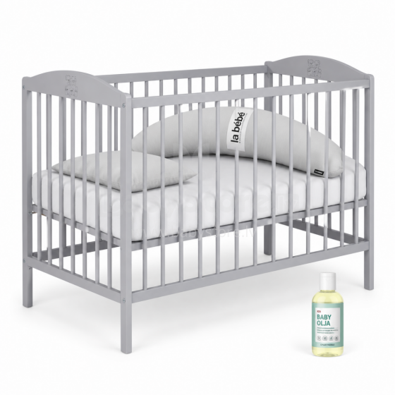 La Bebe™ Kids Wood Cot  Art.290262 Grey Комплект:Детская деревянная кроватка с ящиком+ постельное бельё+подковка Moon+масло для малыша 120x60см