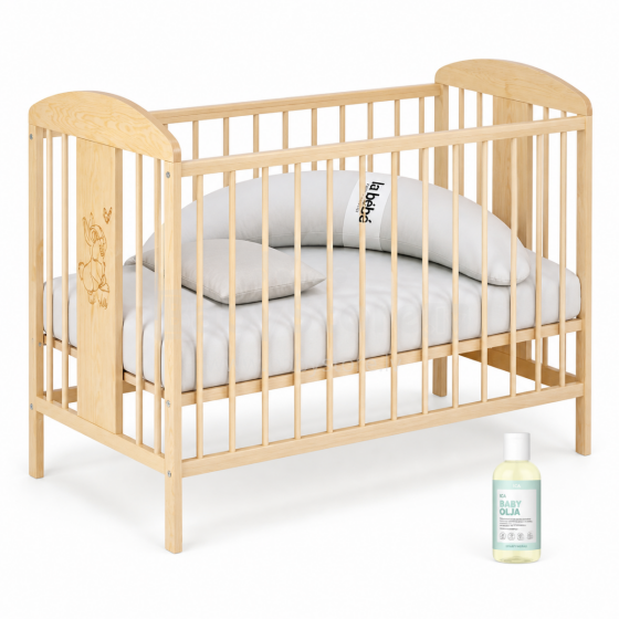 La Bebe™ Kids Wood Cot  Art.290263 Natural  Set: Children's wooden crib with a drawer + bedding + Moon horseshoe + baby oil 120x60 cm