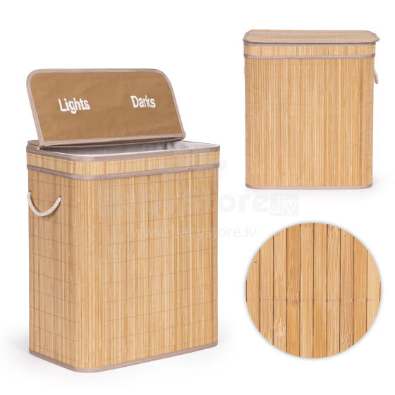 Bamboo laundry basket 100l with 2 compartments and lid, ModernHome