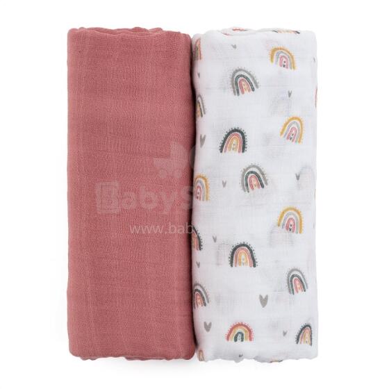 PETITE&MARS 417362 Set of Bamboo Muslin Swaddles 2 pcs Misty Rose Rainbows 120x120 cm