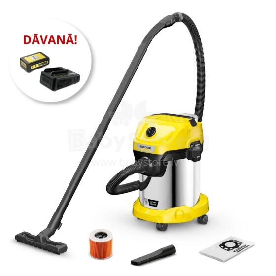 KARCHER WD 3-18 S V-17/20 putekļsūcējs+ Battery Power 18V, 2,5 Ah akumulators (2.445-062.0)