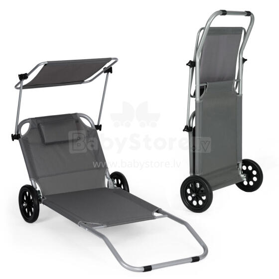 Foldable beach lounger on wheels, trolley, adjustable backrest, canopy, grey, MultiGarden