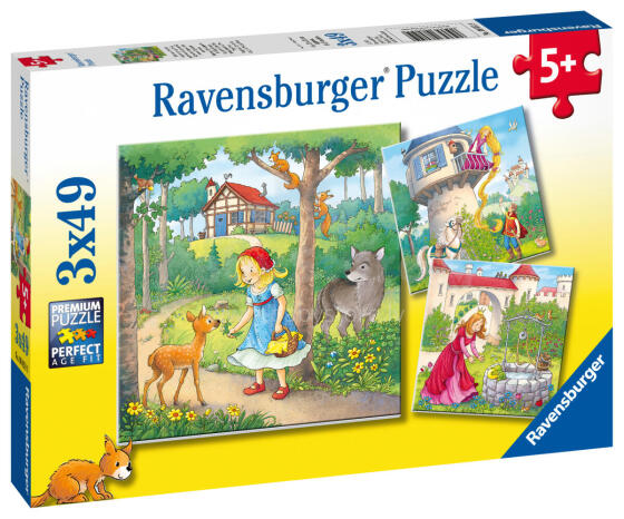 Ravensburger puzle 3x49 gabali Rapunzele, Sarkanā cepure un Varde karalis