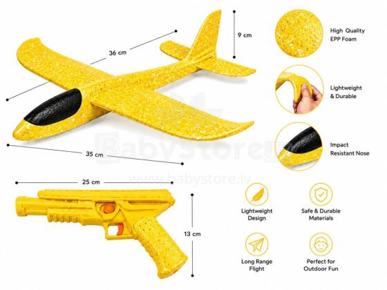 Bebe Basic Small Planer Art.294567 Yellow Set: Glider airplane made of lightweight and durable foam + 36cm launcher