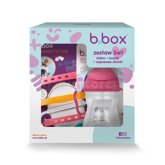 B.BOX 63012 Starter Set 3in1 - Straw Bottle with Straw 240ml Raspberry + Lanyard Strawberry Shake + Replacement Straws