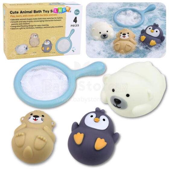 Bath Toys Set Fishing Rubber Animals Pastel Strainer 4 pcs.