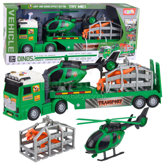 Dinozauru transporta komplekts: Kravas auto, evakuators, helikopters, gaismas, skaņa