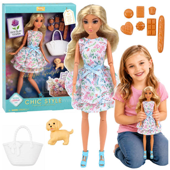 Anlily Doll with Dog, Floral Dress, Bag, Snacks, Accessories Set