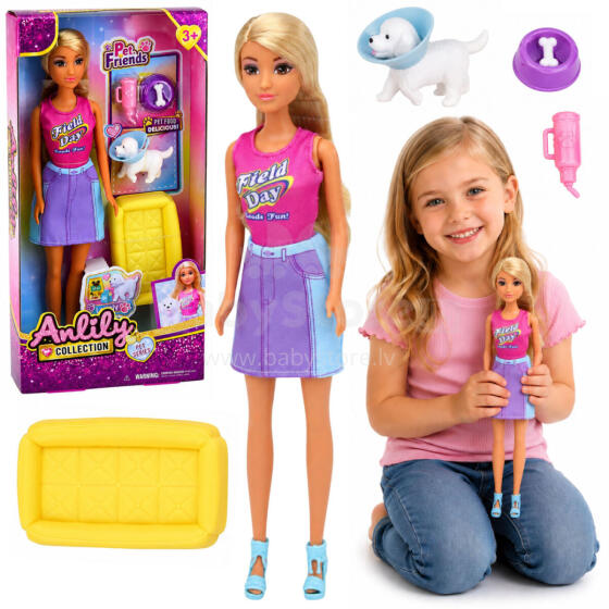 Anlily Doll with a White Dog in a Collar, Bed, and Accessories Set