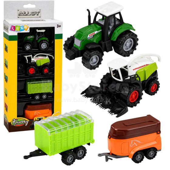 Lauksaimniecības transportlīdzekļu komplekts Traktors, lopbarības novācējs, piekabes 1:68 4 gab.