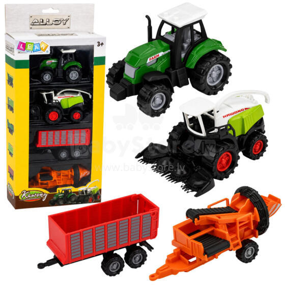 Lauksaimniecības transportlīdzekļu komplekts Traktors, lopbarības novācējs, piekabe, preses 1:68 4 gab.